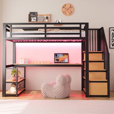 VVBV Metalen Hoogslaper 90x200 cm met LED-Verlichting, Bureau - Planken, Opbergtrap, Uitvalbeveiliging - Metaal Zwart