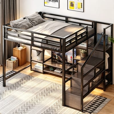 FloraGrace Hoogslaper 140x200 cm - TV-Standaard en Stopcontact - Opbergladder voor Kleine Slaapkamers - Metaal en MDF - Zonder Matras - Zwart