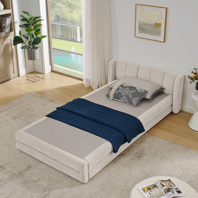 BLACKCOLORS Eenpersoonsbed 90*200 cm, huidvriendelijke chenille stof, comfortabele rugleuning, ook geschikt als kinderbed, beige (zonder matras)