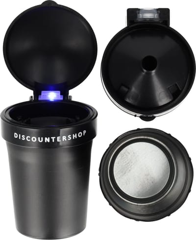 Auto Asbak Zwart met LED Verlichting en Deksel -Car Ashtray- Past in Bekerhouder - 11x8 cm