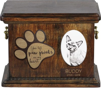 Persoonlijke urn voor kattenas met foto en hondenras ontwerp