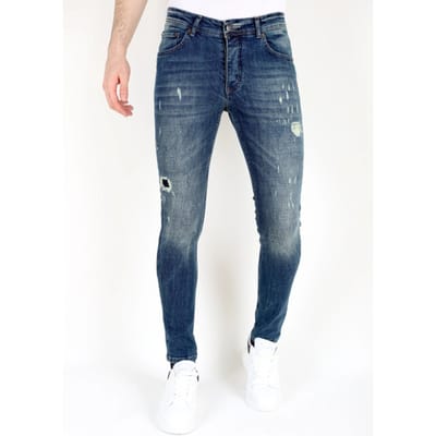 Blauwe Heren Jeans Slim Fit - Stretch Jeans Heren - Spijkerbroek met Scheuren Heren - Ripped Jeans Heren - MM118- Blauw