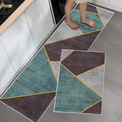 Keukenmat Set van 2 Stuks - Wasbare Microvezel Vloermatten met Antislip voor Keuken, Gang en Wasruimte, 43 x 75 cm + 43 x 150 cm, Driehoekig Ontwerp