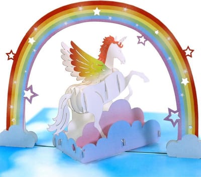 Popupkaart - Verjaardagskaart witte Eenhoorn met regenboog Felicitatie  pop-up wenskaart