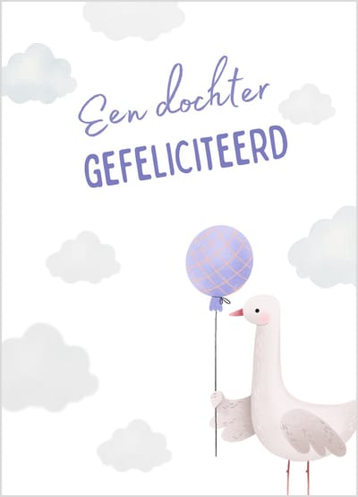 Wenskaart een dochter gefeliciteerd gans paarse ballon – 10x15 cm – stevige kaart 400 grams – inclusief kraft envelop – geboortekaart meisje