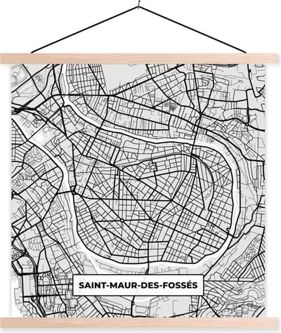 Posterhanger incl. Poster 40x40 cm - Schoolplaat - Plattegrond - Saint-Maur-des-Fossés - Stadskaart - Kaart - Frankrijk - Textielposter - Blanke latten - Stadskaart
