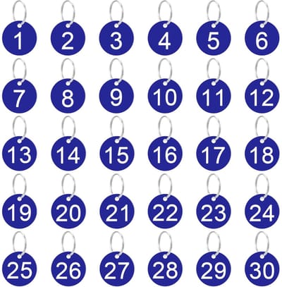 Dailygoods- Nummerlabels 1-30 - Ronde Sleutelhangers - Metalen Ringen - Kunststof - Identificatie voor Sleutels - Donkerblauw