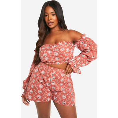 boohoo Dames Plus Broderie Cold Shoulder Crop Top | Roest | Maat: 56