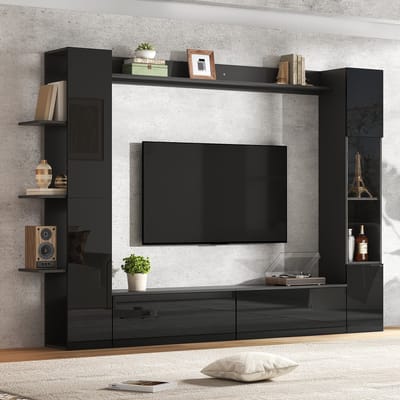 Woonwand - 80x38x180 cm - Hoge Kast Met 2 Glazen Deuren + 2 Dichte Deuren - 5 Planken, Veel Opbergruimte - Spaanplaat - Wit