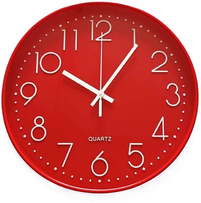 Moderne grote aantal ronde stille wandklok rood 12 Inch 30 cm.