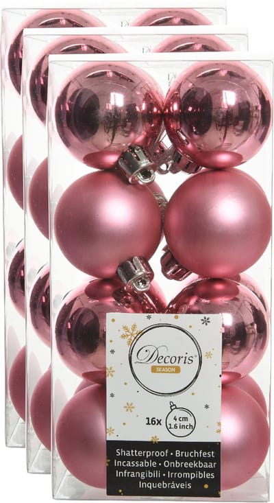 Decoris kleine kerstballen - 48x st - lippenstift roze - 4 cm - kunststof - kerstversiering