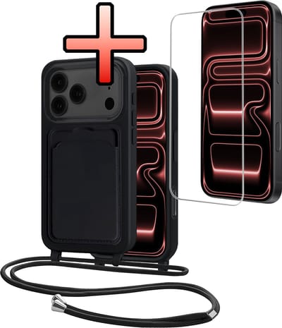 Hoes Geschikt voor iPhone 17 Pro Max Hoesje Pasjeshouder Cover Met Koord Case Siliconen Hoes Met Telefoonkoord en Kaarthouder Met Screenprotector - Zwart