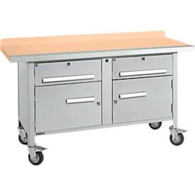 Verrijdbare werkbank Schäfer Shop Select PWi 150-0, beuken multiplex blad, met stalen rand, tot 400 kg, B 1500 x D 700 x H 840 mm