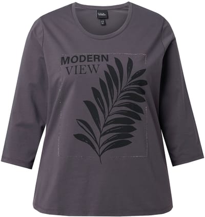 Ulla Popken - Dames - Shirt olijftak classic ronde hals 3/4-mouw - Antraciet - Maat 42+