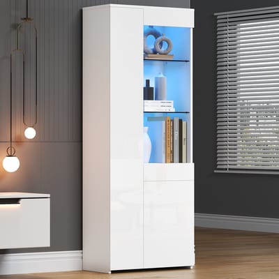 Vitrinekast - 70x35x180 cm - Hoogglans met LED - met Laden en Scheidingswanden - Glas - Wit