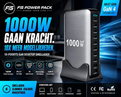 1000W GaN 10 Poorts Krachtstation voor Al Uw Apparaten FS Power Pack 1000W GaN Desktop Snellader – 10 Poorts USB-C & USB Hub – PD 3.1 140W – Multi Charger voor Laptop, MacBook, iPhone, Samsung, Tablet & Powerbank – EU Stekker – Zwart