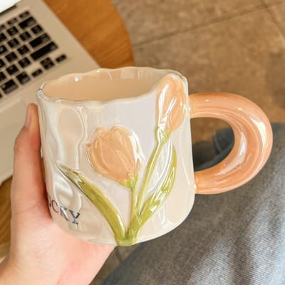 Parel Tulp Kop Gepersonaliseerde Creatieve Keramische Kop Huishouden Stel Koffie Water Kop Hoge Precisie Mok met Lepel 380ml