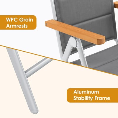 Outdoor Balkonstoel Set van 4 – Inklapbare Hoge Rugleuning Eetkamerstoelen 110 x 57 x 66 cm – Aluminium Frame, WPC Armleuningen, Gewatteerde Teslin Zitting, 7-Posities Verstelbaar – Lichtgewicht Tuinstoelen voor Terras, Tuin en Balkon – Laura