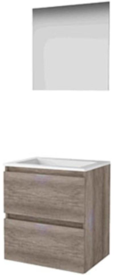Basic-Line Ultimate 46 Badkamermeubelset - 60 x 46 cm - Greeploos - 2 Lades - Acryl Wastafel - Zonder Kraangat - Spiegel met Indirecte LED Verlichting - Scotch Oak
