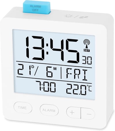 Digitale Wekker - Radio Klok - Reizen en Wakker Worden - Automatische Tijdinstelling - 8x7x3 cm - Wit