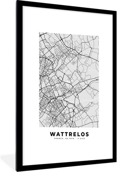 Fotolijst incl. Poster - Wattrelos - Plattegrond - Frankrijk - Kaart - Stadskaart - 60x90 cm - Posterlijst