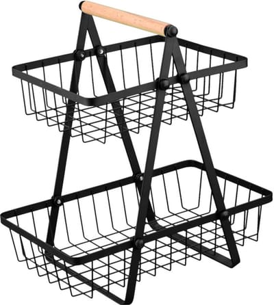 Ceruzo Fruitrek met Handvat -2 Lagen Etagere Zwart - Stijlvolle Fruitmand - Metaal en Hout- H32 cm