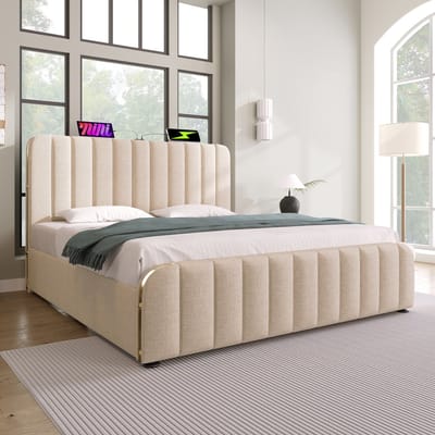 Wishdor Gestoffeerd Tweepersoonsbed 180x200 cm - Opbergbed met 4 Lades en USB/Type-C Aansluiting - Beige Linnen met Gouden Accenten