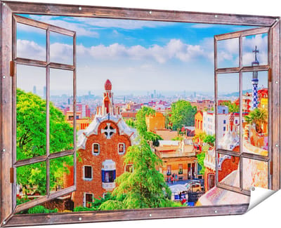 Gards Tuinposter Doorkijk Park Güell in Barcelona - Kleurrijk - 180x120 cm - Tuindoek - Tuindecoratie - Wanddecoratie buiten - Tuinschilderij