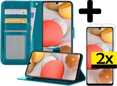 Hoesje - Met 2x Screenprotector - Geschikt voor Samsung Galaxy A42 - Luxe Pasjeshouder - Bookcase Portemonee - Flip Case - Kunstleer Book Case - Flipcase Hoes - Book Cover - Walletcase - Portemonneehoes - Telefoonhoesjes - Turquoise