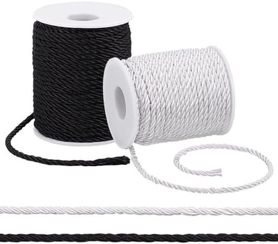 Dailygoods- Satijnkoord 50 m - 3 mm - 2 Rollen - Gedraaid Polyester - Wit/Zwart - Perfect voor Feest/Decoratie - Koord