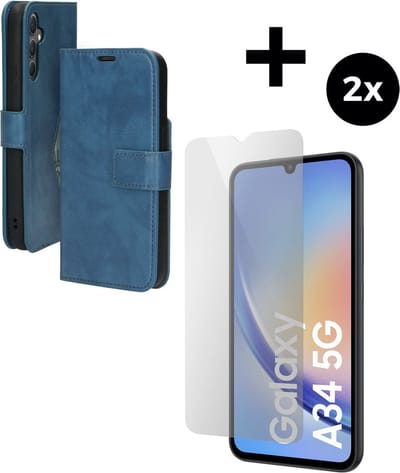 Mobiparts Classic Wallet hoesje geschikt voor Samsung Galaxy A34 (2023) 5G met 2 Screenprotectors van Gehard Glas - Blauw