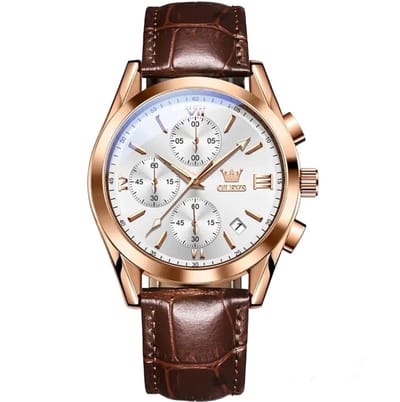 Olevs - HerenHorloge - Lederen Band - Polshorloge - Heren - Horloge - Horlogedoos - Mannen - Rosé en Wit- Polsband Bruin