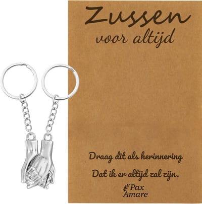 BFF Sleutelhanger voor 2 'Zussen voor altijd' - Handjes Vasthouden - Sleutelhanger set op Cadeau Kaartje Sleutelhanger set - Zilverkleurig - Vriendschap Symbool - Pax Amare