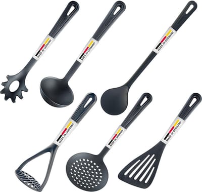 Westmark Set van 6 keukenhulpjes, bakspatel, roerlepel, schuimspaan, spaghettilepel, soeplepel, aardappelstamper, kunststof, Gentle, zwart, 283522E6