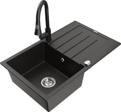 Mexen Bruno granieten gootsteen 1-komorige met afdruiprek en keukenmengkraan Elia, zwart/goude metallic - 6513-75-670101-70