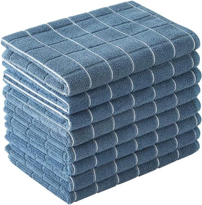 Famanu - Set van 8 microvezel theedoeken 61x45 cm, pluisvrij, blauw ruitdesign, super absorberend