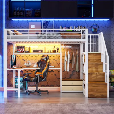 VVBV Hoogslaper 90x200 cm met Trap/Ladder, Bureau - LED-Verlichting, 2 Lades, Opbergruimte - Metaal Wit - Zonder Matras