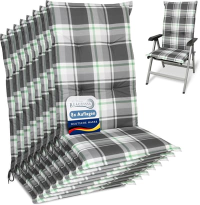 Beautissu Sunny MK – Set van 8 Tuinkussens Hoge Rug 120x50 cm met UV-lichtechtheid Comfortabele Tuinstoel Zitkussen Mint Groen geruit