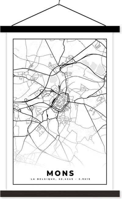 Posterhanger incl. Poster 40x60 cm - Schoolplaat - Kaart – Plattegrond – Stadskaart – Mons – België – Zwart Wit - Textielposter - Zwarte latten - Stadskaart