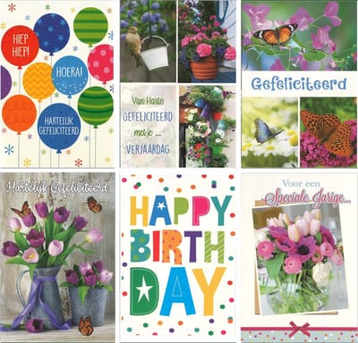 Wenskaarten Verjaardag - Hartelijk Gefeliciteerd - Felicitatie - Set van 6 stuks met envelop