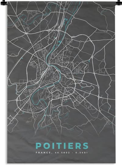 Wandkleed - Wanddoek - Poitiers - Frankrijk - Plattegrond - Kaart - Stadskaart - 120x180 cm - Wandtapijt