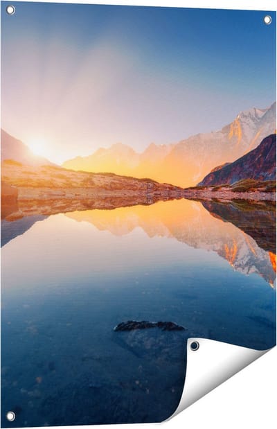 Gards Tuinposter Bergen Landschap met Zonsopgang - 60x80 cm - Tuindoek - Tuindecoratie - Wanddecoratie buiten - Tuinschilderij