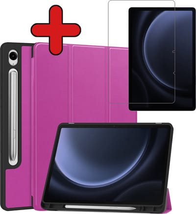 Hoesje - Geschikt voor Samsung Galaxy Tab S9 FE - Met Screenprotector - Trifold Bookcase Hoes - Hard Cover Case - Met Uitsparing Geschikt voor S Pen - Hardcover Book - Tablethoes - Paars