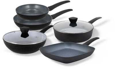 BE Living Pannenset 5-delig - Ø 24 & 28 cm Koekenpan + Ø 28 cm Wokpan met Deksel + Ø 28 cm Hapjespan + Ø 28 Grillpan - Koekenpannenset - Keramisch - Inductie Pannen - PFAS Vrij Anti Aanbak - Delight Series