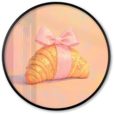 Poster in lijst Rond - Fotolijst 60x60 cm - Posters - Croissant - Strik - Roze - Ronde posterlijst zwart - Decoratie - Wanddecoratie woonkamer - Muurdecoratie slaapkamer