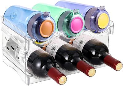 SnelShoppen - Stapelbaar wijnrek met 2 niveaus, transparante PET plastic flessenhouder voor 6 waterflessen, ideaal voor keuken, koelkast en kastorgani