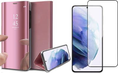 Hoesje geschikt voor Samsung S21 Plus en Screenprotector - Spiegel Book Case Cover Hoes Rosegoud + Screen Protector Glas Full