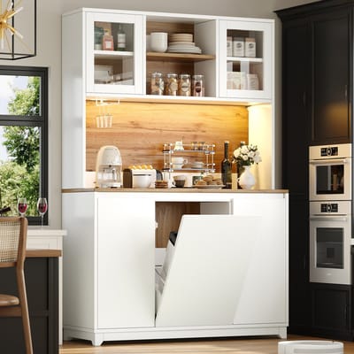 OKWISH Keukenkast - Sideboard Met Ledverlichting En Acryldeuren - 120x40x180 Cm - Meerdere Opbergvakken En Afvalvak - MDF Metaal Wit