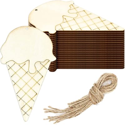 20 stuks - IJsjesvormig - Houten ijsjeshangers met gaatjes - Inclusief henneptouw - Hout - DIY - Knutselschijfjes - Houten label voor bruiloften, verjaardagen, feesten en kerstdecoraties - Natuurlijke houtkleur