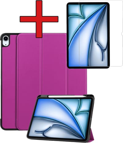 Hoesje - Geschikt voor Apple iPad Air (2024/2025/2026) - 11 inch - Met Screenprotector - Trifold Bookcase Hoes - Hard Cover Case - Met Uitsparing Geschikt voor Apple Pencil - Hardcover Book - Tablethoes - Paars